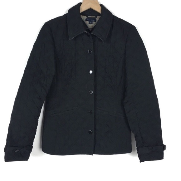 TOMMY HILFIGER Quilted Jacket Coat Puffy Minimalist Solid Black Size Medium - Picture 1 of 9